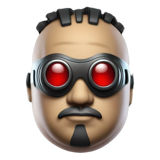 Fat cyborg head with red steampunk goggles, black goatee and circuits sticker