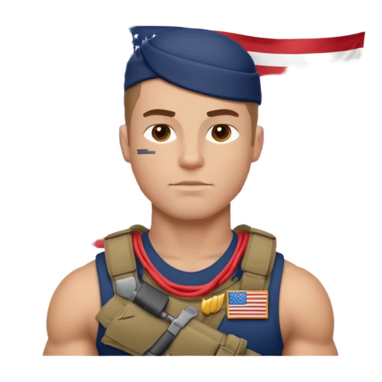 generate white powerful american soldier with small usa flag on shoulder sticker