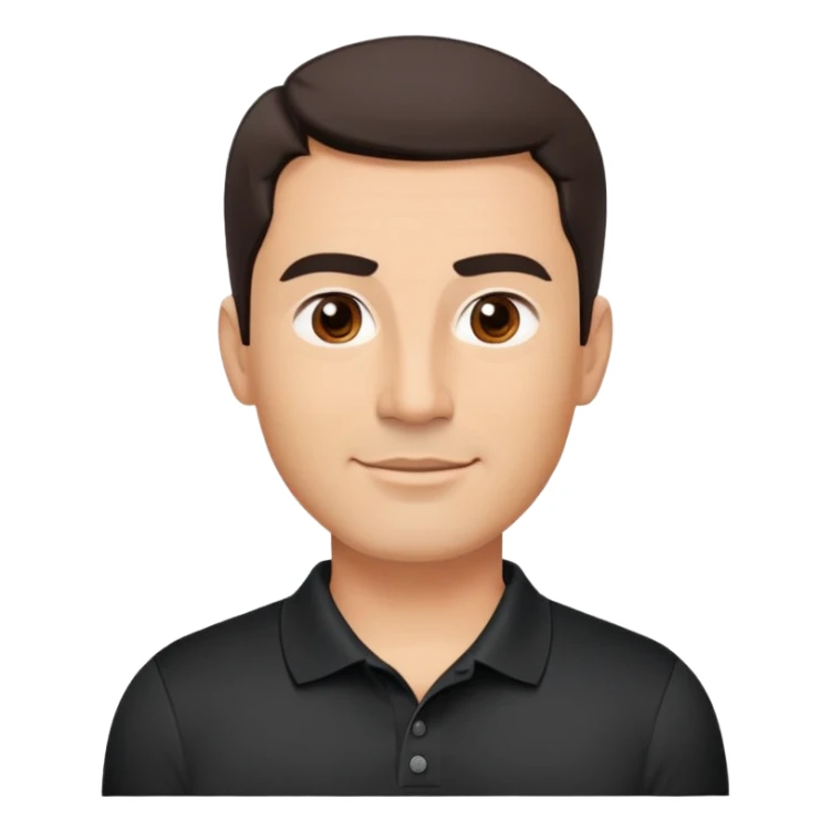 Middle-aged man with strong square face, pronounced jawline, full cheeks, neutral expression, dark brown eyes, thick eyebrows, wide proportional nose, friendly smile with medium lips, short dark hair neatly styled to the side, wearing a black polo shirt sticker