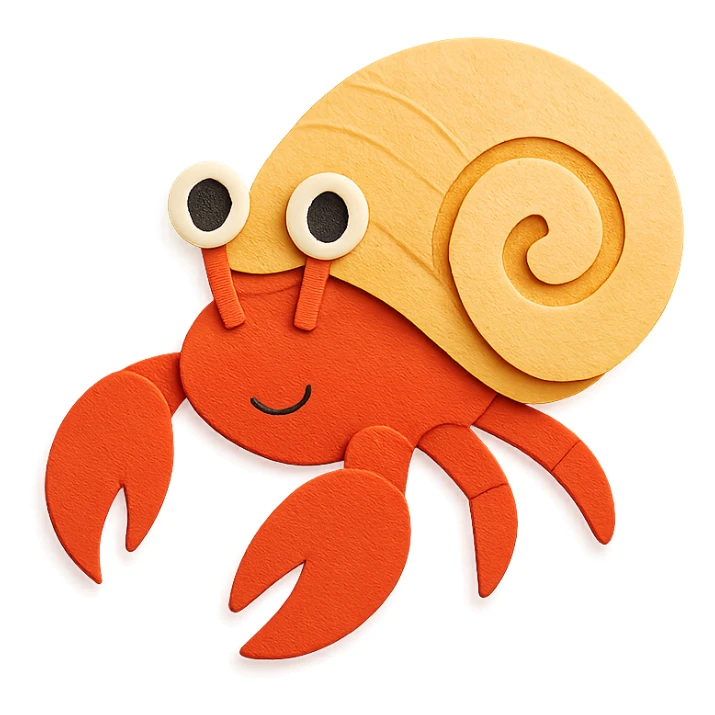 hermit crab with layered paper effect and bright colors in paper-craft style sticker