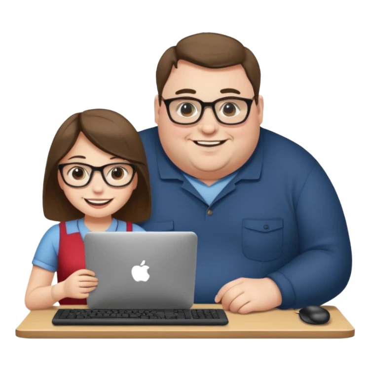 A girl helping a really fat man on the computer sticker