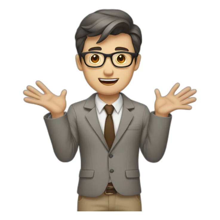 To belt Actively gesturing with hands Pale skinned fit man with dark brown hair in gray jacket, beige office shirt, brown tie, brown pants and vintage glasses. sticker