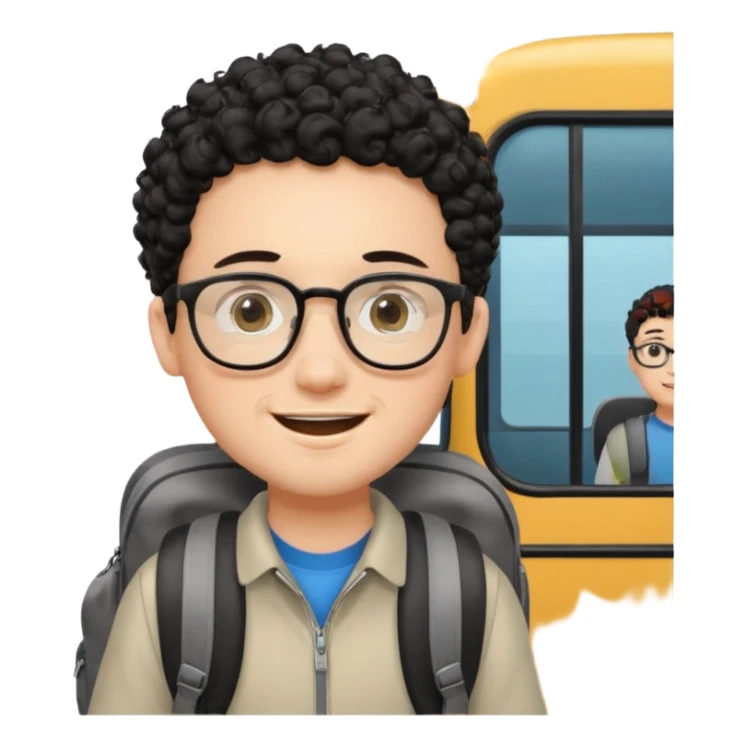 A young boy DEVELOPER WITH A backpack, black curly short hair, wearing glasses, a thin goatee, his skin is white, riding a bus sticker