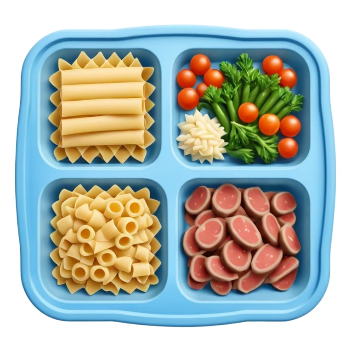 frozen meal tray rectangular 2-3 compartments frozen pasta vegetables meat frosty ice crystals muted colors firm uncooked dark simple tray no branding no utensils no packaging soft lighting transparent background emoji scale sticker