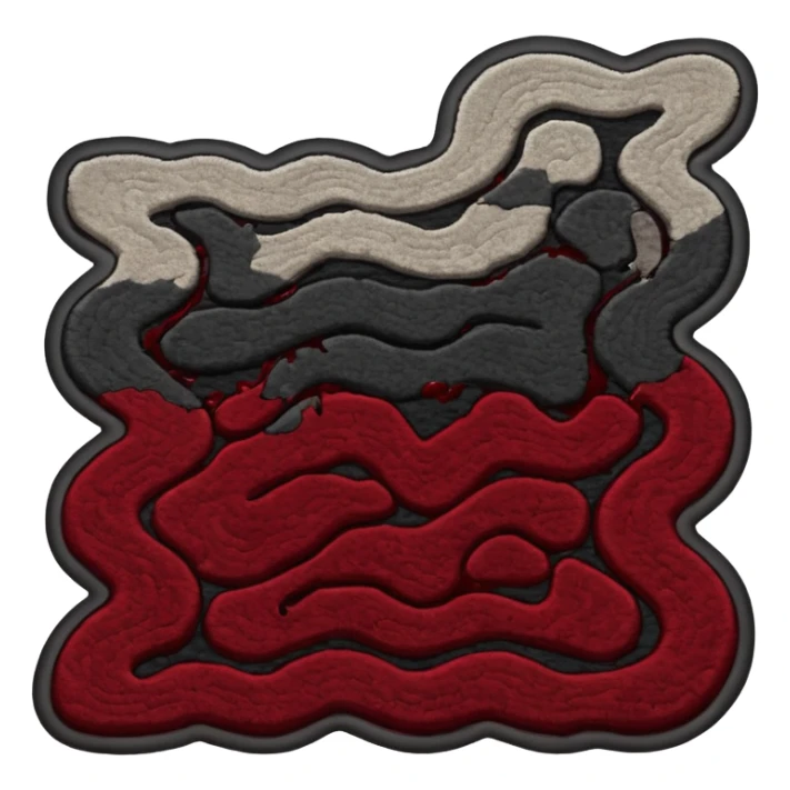 Minimalist emoji-style sticker of a carpet turning into a dark river, murky texture, grayscale and dried blood tones, side ropes in shadow
 sticker