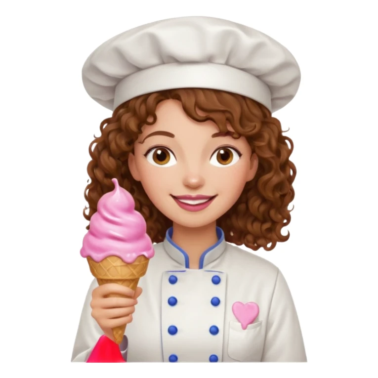 woman brown curly hair, chef, eating pink ice cream sticker