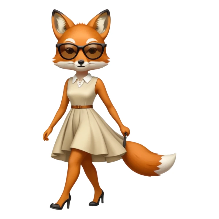 serious anthropomorphised female fox in stylish dress with sunglasses, walking with confidence, full-body view sticker