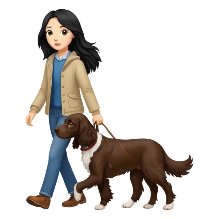 A girl with long black hair walks a brown springer spaniel sticker