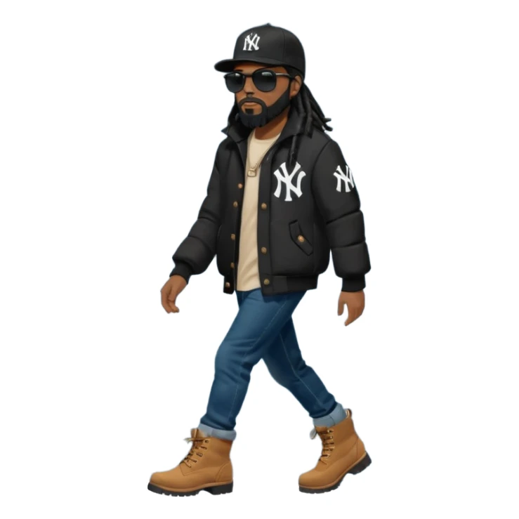 African American man with shoulder length black dreadlocks with black beard wearing black sunglasses wearing a black New York Yankees logo baseball cap wearing a black bubble winter coat wearing denim skinny jeans and timberland boots walking left sticker