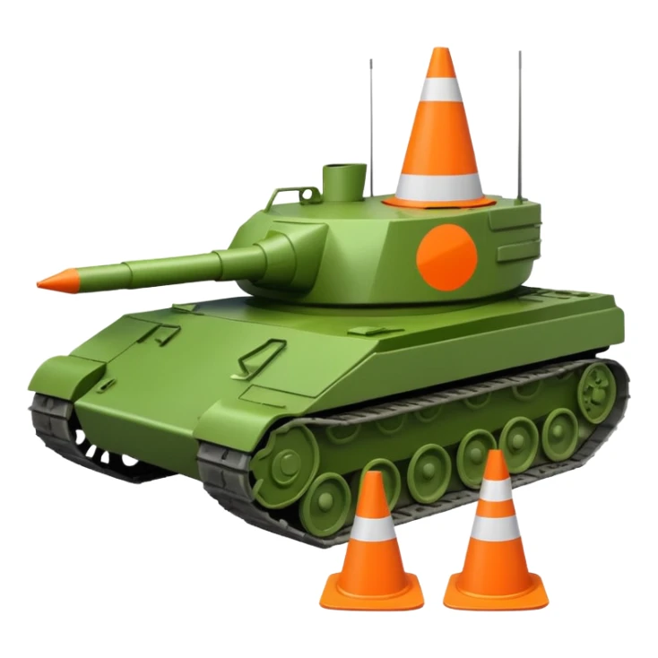 green military tank with a traffic cone with a sad face flattened under its treads, emoji style sticker