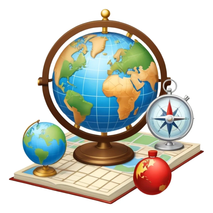 An icon featuring a hotel building, and a globe, symbolizing the scientific study of tourism and hospitality. The design includes a map, a compass, and a checklist, representing travel planning and service management. Transparent background highlights the academic exploration of the tourism industry sticker