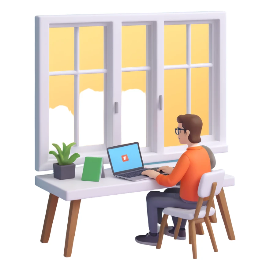 home office setup person typing on a laptop with a window in the background sticker