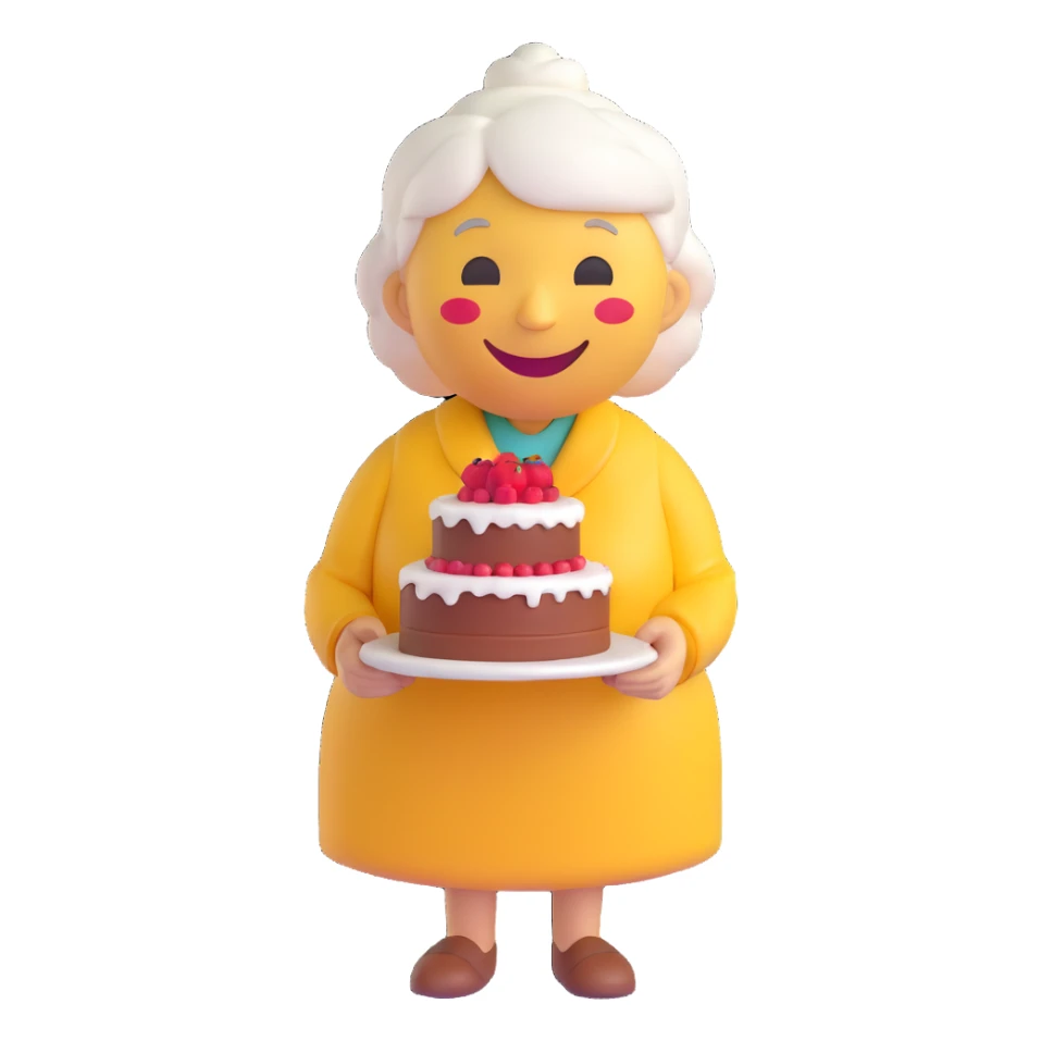 3D smiley emoji, round shape, grandmother with a cake, dressed up, yellow color, smiling face sticker