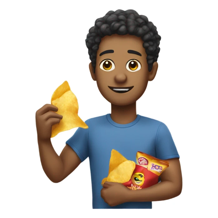 Lanny holding a bag of potato chips and eating a chip sticker