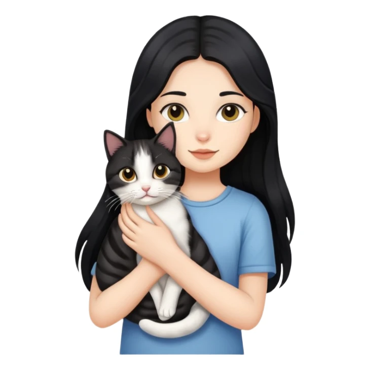 Long black hair girl holding a haired tabby cat sticker