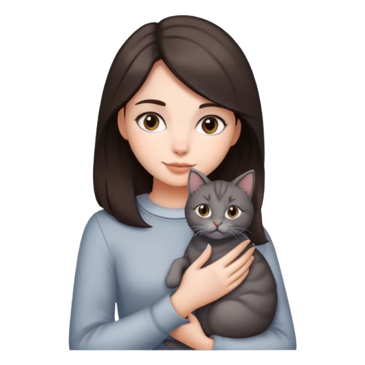 Dark Brown hair girl holding a grey cat sticker