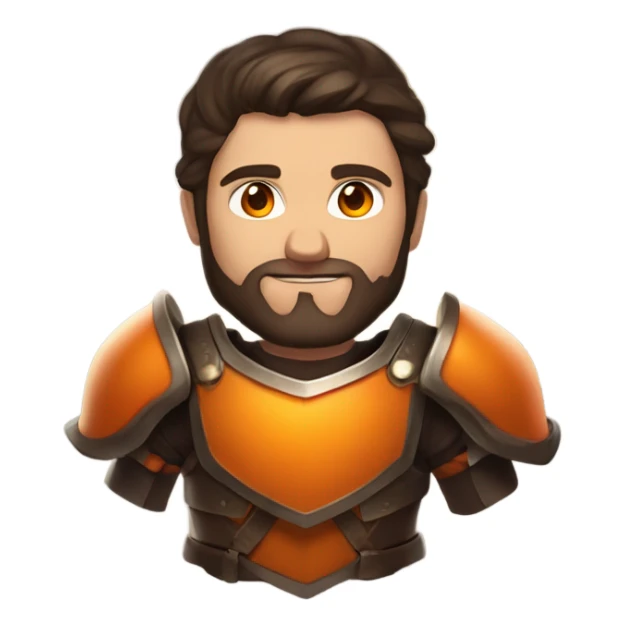 Confident White Man with dark brown hair and a short beard wearing large orange plate armor and glowing orange eyes that have orange smoke coming out of his eyes sticker
