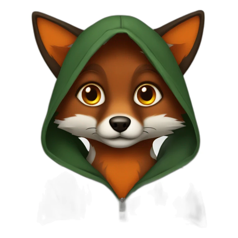 a small dark brown fox with orange eyes with a dark green hood sticker