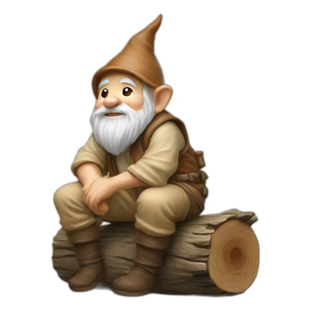 side view of gnome with light tan pants squatting on top of tiny brown log sticker