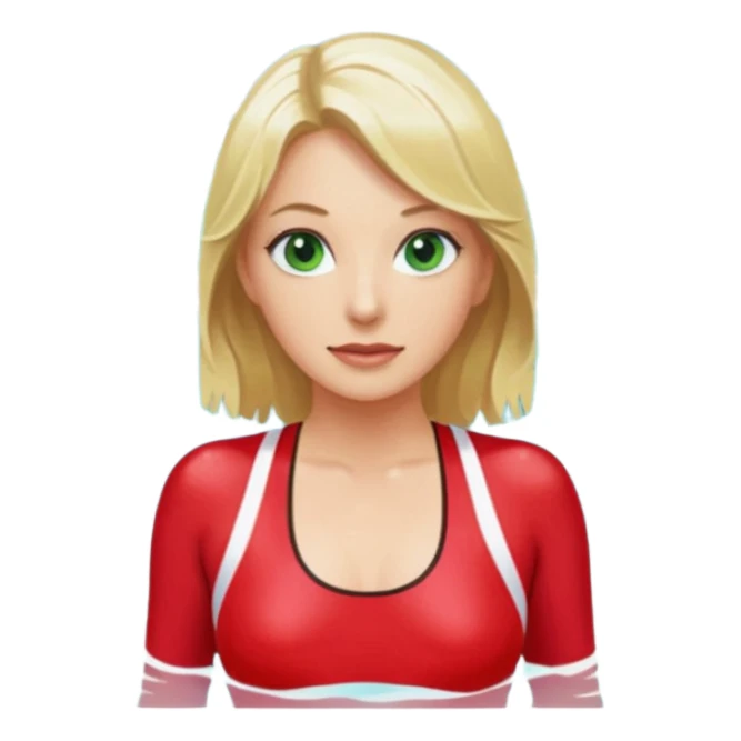 Blonde Woman, Green eyes, Red onepiece, Background Indoor pool sticker