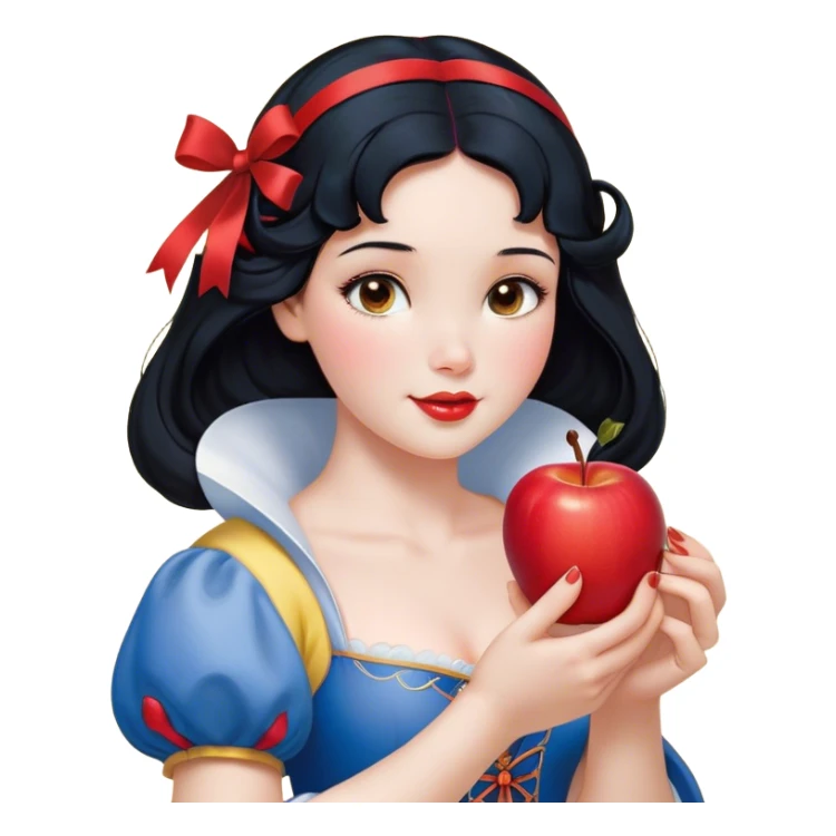 Cinematic Realistic Snow White Portrait, depicted with lifelike skin texture, soft natural lighting, and intricately detailed black hair styled with a red ribbon. Her soft brown eyes radiate innocence and kindness, complemented by a warm, gentle smile. She holds an apple in one hand, her other hand resting against her cheek, embodying her purity and charm. She is dressed in her classic yellow, blue, and red gown, the fabric rich in texture with delicate folds that catch the light beautifully. The portrait features a soft, natural glow with a radiant finish, capturing the essence of timeless beauty in a realistic and painterly style. sticker