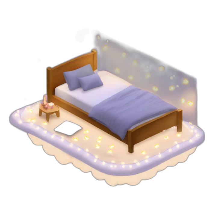 Design an inviting bed with floating pillows and fairy lights, in a dreamy bedroom." sticker