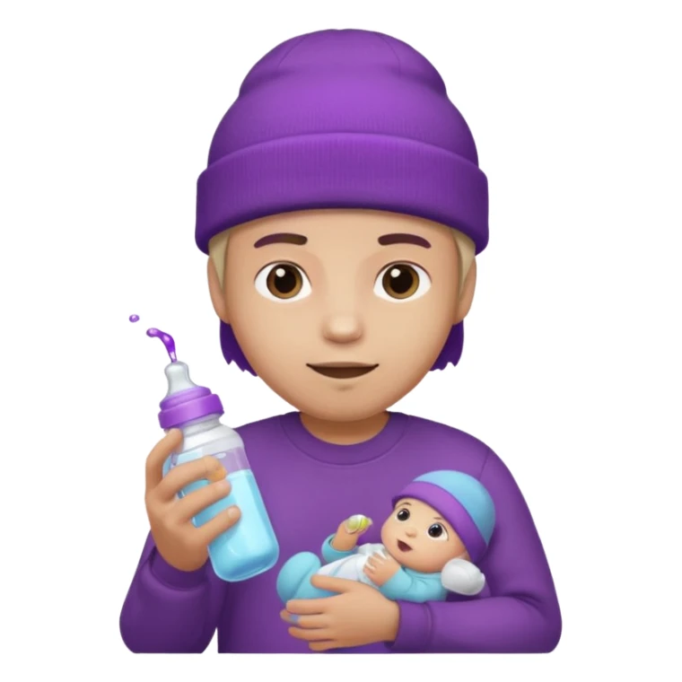 guy with beanie holding a baby bottle with purple liquid sticker