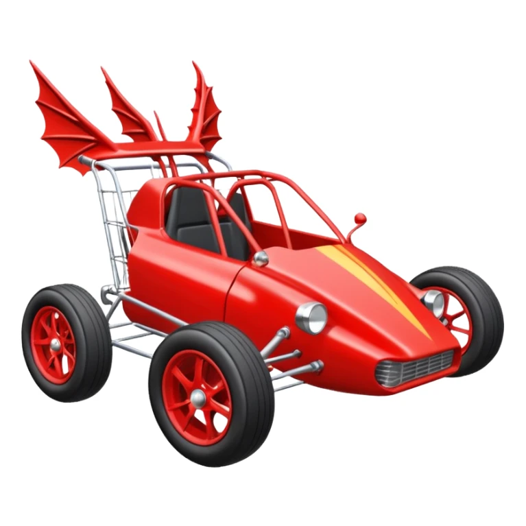 Special three cylinder race car whose frame and suspension is made of shopping cart material with a large rear spoiler is being professionally steered driven by a small thin dragon  sticker