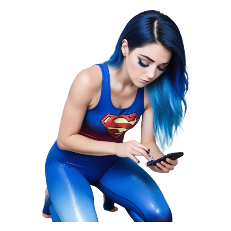 Disapponted-big tears-head back texting on phone-very very large upper body-sexy face-bending forward at waist-very long very straight dark blue to light blue ombre hair-and-blue eyes-thick black eyeliner-long eyelashes-iridescent blue lowcut tanktop with black leggings with glitter superman logo sticker