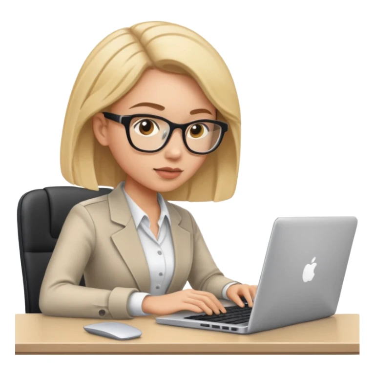 a focused female professional at her desk, working on a laptop with a keyboard nearby sticker