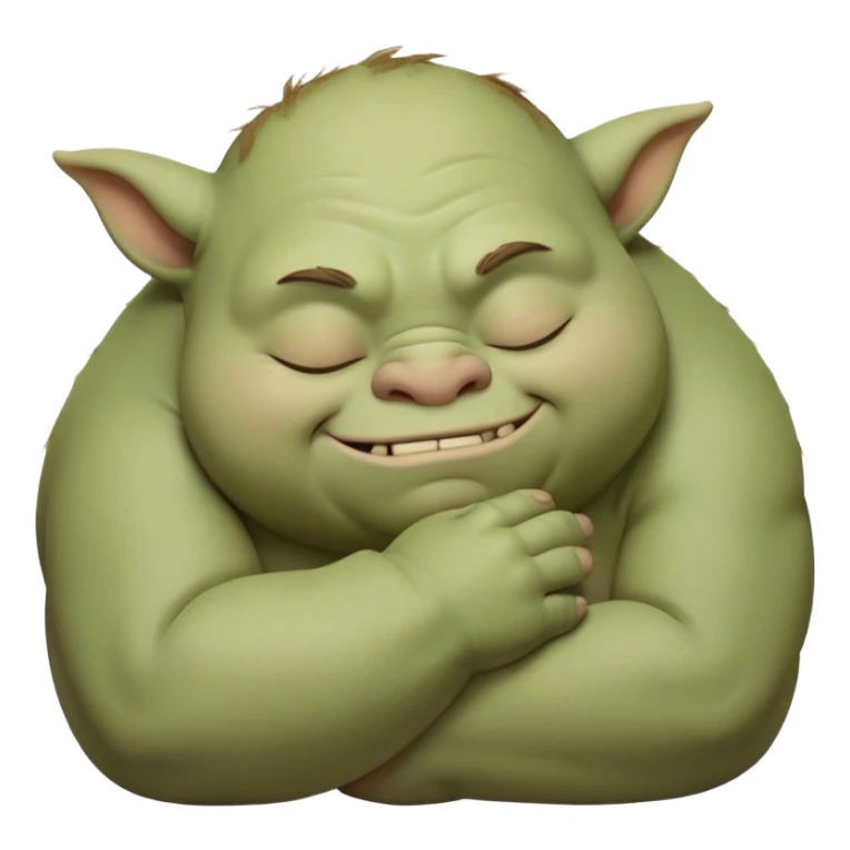 Meme-Worthy Cute Sleeping Ogre Portrait Emoji, with a surprisingly endearing, plump figure in soft earthy greens and browns, head drooping gently with closed, relaxed eyes and a content, sleepy grin, simplified yet adorably detailed, glowing with a soft warm outline that captures the peaceful slumber of a friendly ogre after a day of gentle mischief! sticker