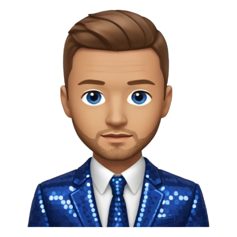 Justin Timberlake with light brown hair, blue eyes, sequin navy blue suit jacket sticker