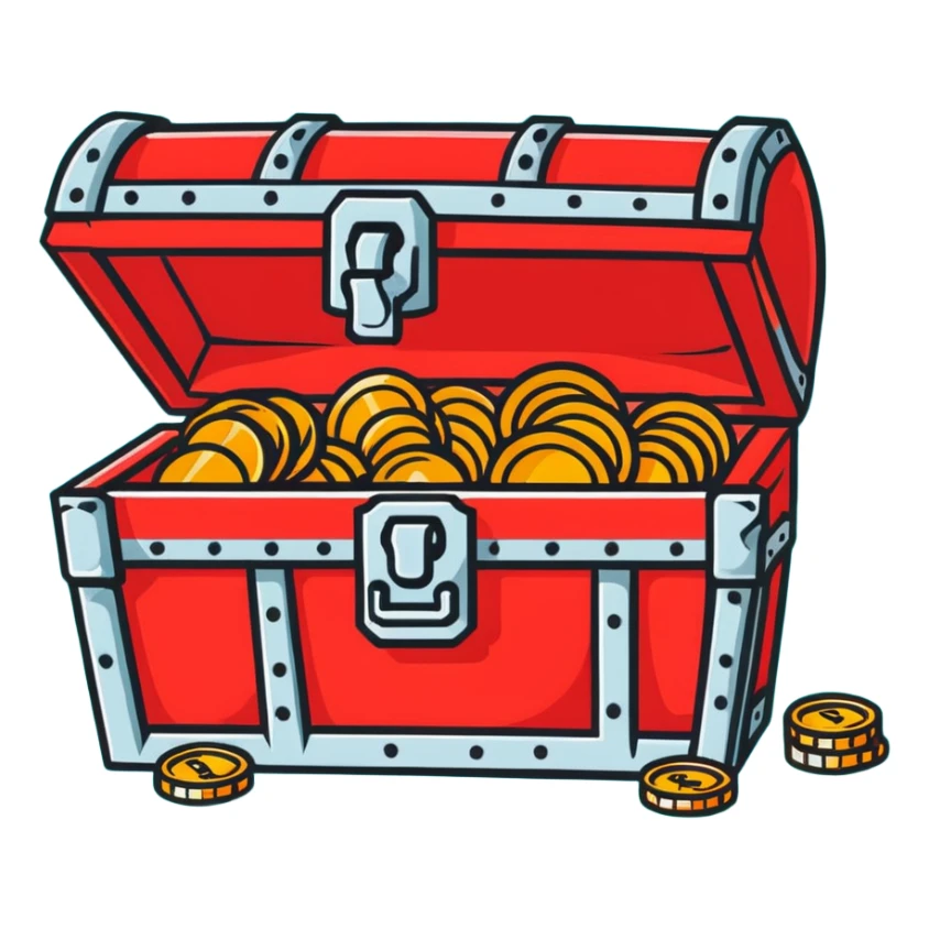 A vibrant red RPG treasure chest with gold coins spilling out sticker
