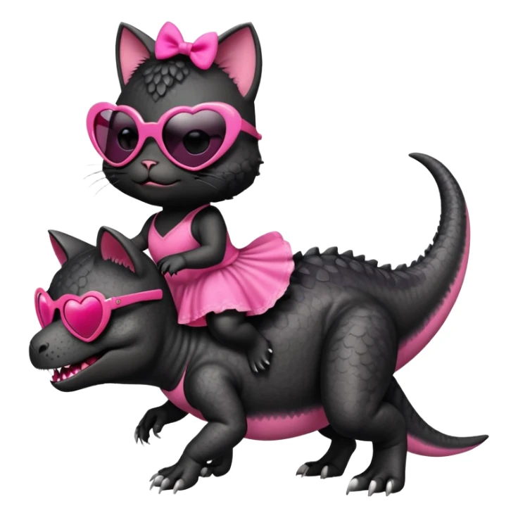 Tyrannosaurus rex with a black kitten wearing pink heart shaped sunglasses riding his back. The black kitten is wearing a pink dress sticker