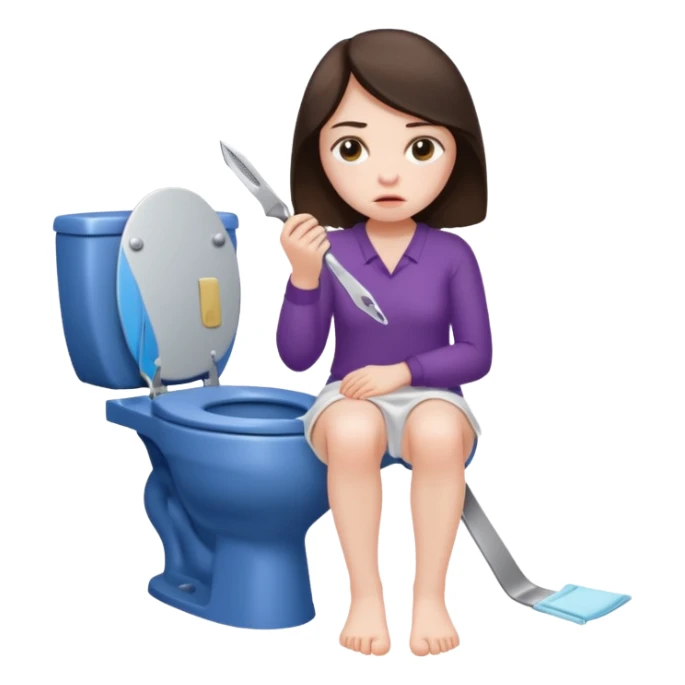 sad brunette scabby woman on toilet with a razor sticker