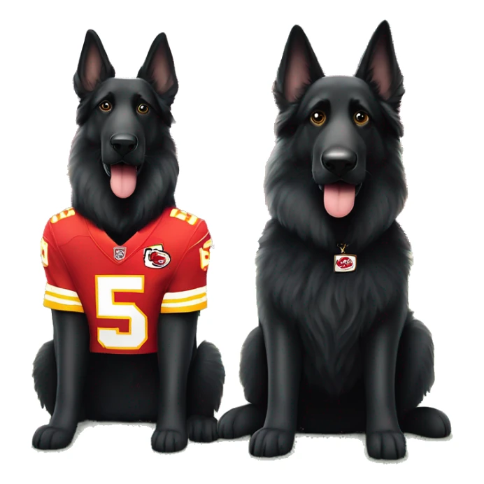Two black long haired German Shepherd dogs sitting next to each other wearing Patrick Mahomes & Travis Kelce Kansas City Chiefs jerseys  sticker