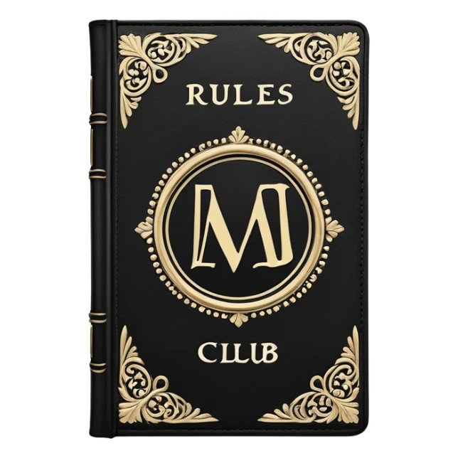 black book with ornate white text and borders. The book’s cover reads: “Mad Money Club - Rules Book - For Sad Girls.” sticker