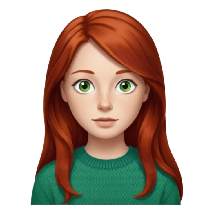 woman with long dark auburn red hair that is mostly straight but has slight waves to it. grey blue eyes. some freckles. wearing a Swedish style sweater that is green.  sticker