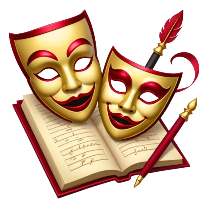 Create a bold and dramatic emoji representing the art of playwriting. The design should feature an open script or a theater playbook, with stylized text lines or dramatic dialogue inside. Include elements like a theatrical comedy and tragedy masks, a stage spotlight, or a writting quill to symbolize creativity and performance. Use deep, contrasting colors like red, black, and gold to evoke the intensity and passion of drama. The overall design should feel dramatic, inspiring, and artistic. Make the background transparent. sticker