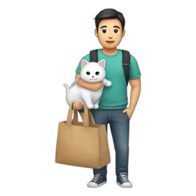 Asian man holding a cat in a bag sticker