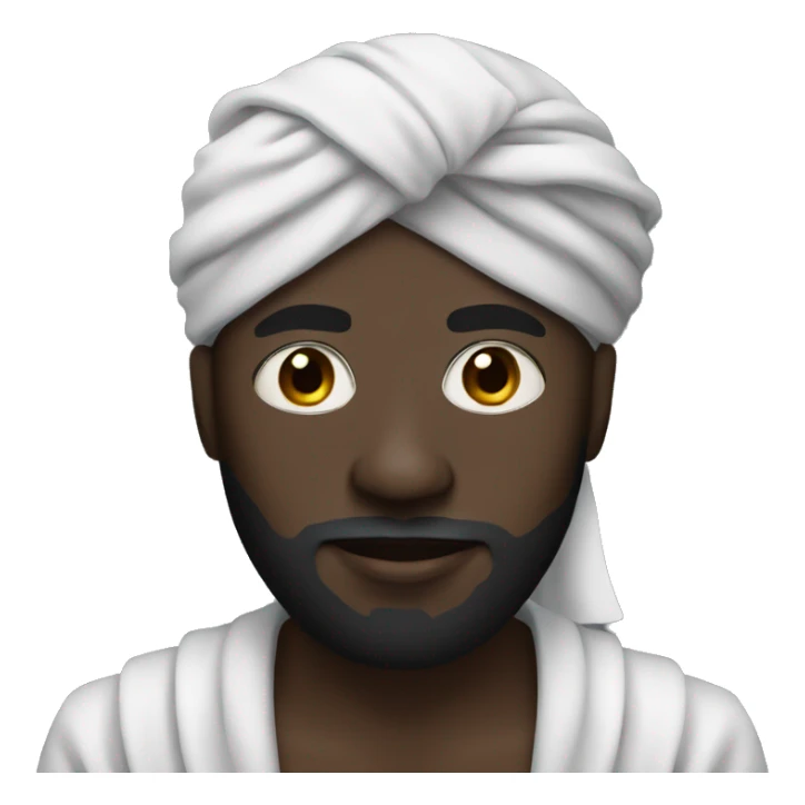 Black man with a turban wearing a robe and a black face mask sticker