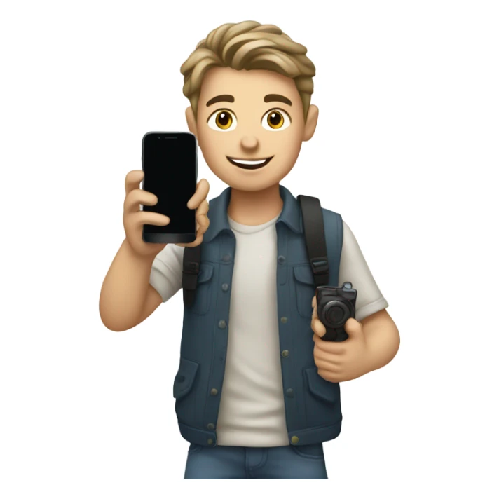 European boy takes pictures with his cell phone sticker