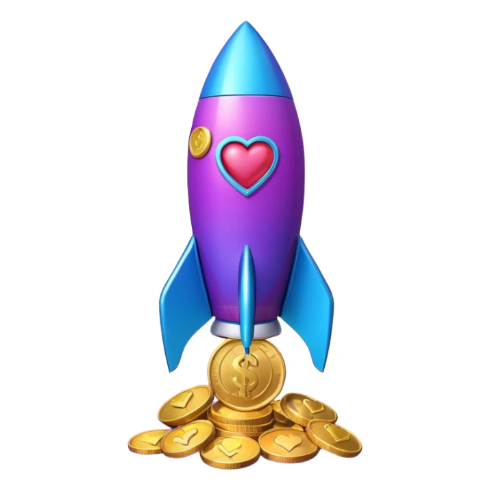 3D rocket with coins and hearts, purple blue gradient, glossy, transparent background sticker