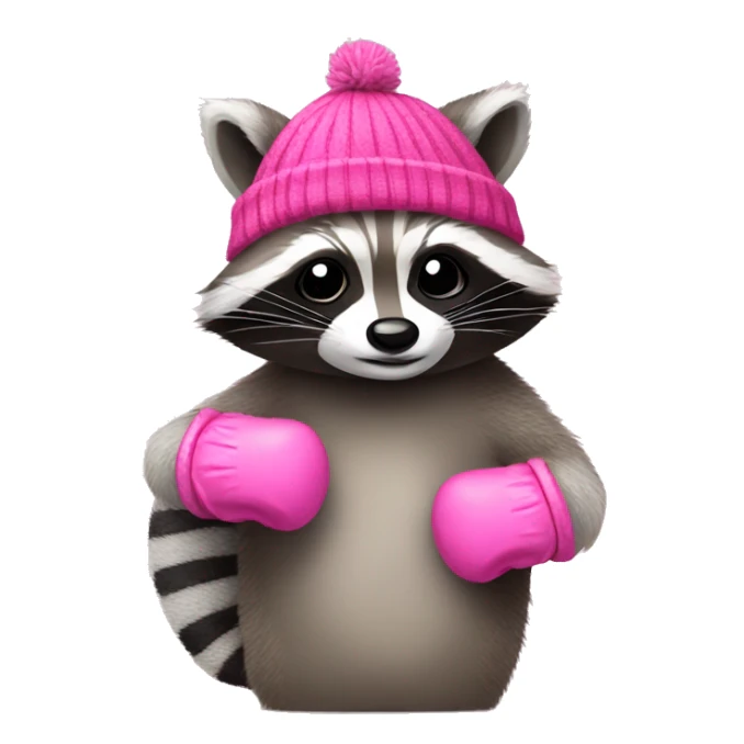 Raccoon wearing pink mittens and hat sticker