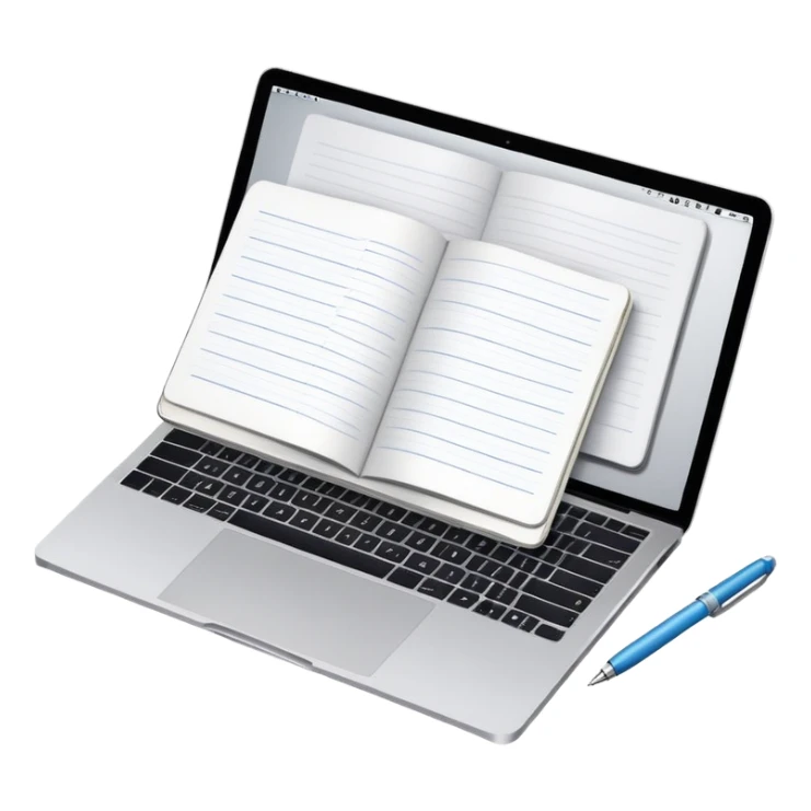 top view of a MacBook, open notebook with notes, and pen beside them sticker