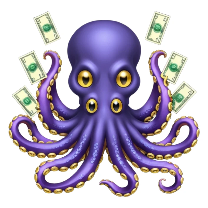Intimidating octopus with pearl black skin, neon suction cups. Evil glaring eyes. Wearing a thick gold chain. 3 tentacles are holding their own cellphone, 2 other tentacles are holding stacks of money sticker