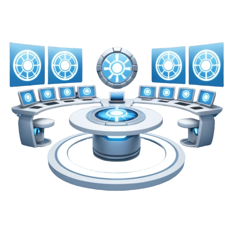 A futuristic workspace powered by an arc reactor, glowing blue and white, with holographic screens displaying creative content. Dynamic, high-tech, and inspired by Iron Man. sticker
