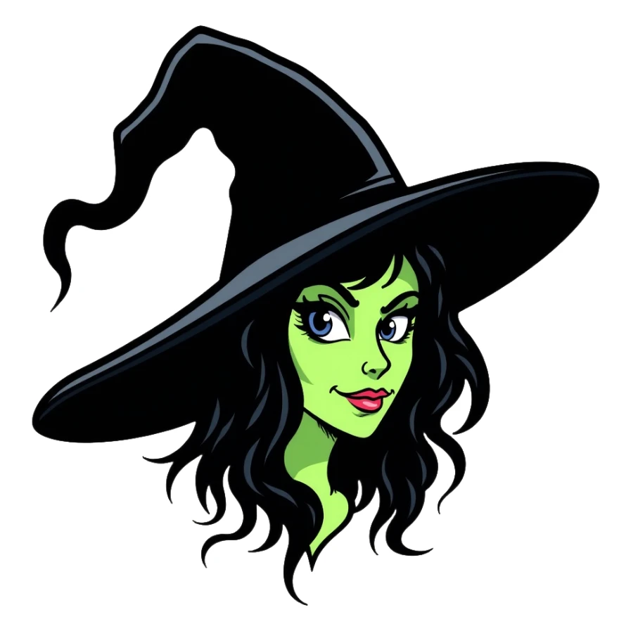 Elphaba witch face with green skin and black hat sticker