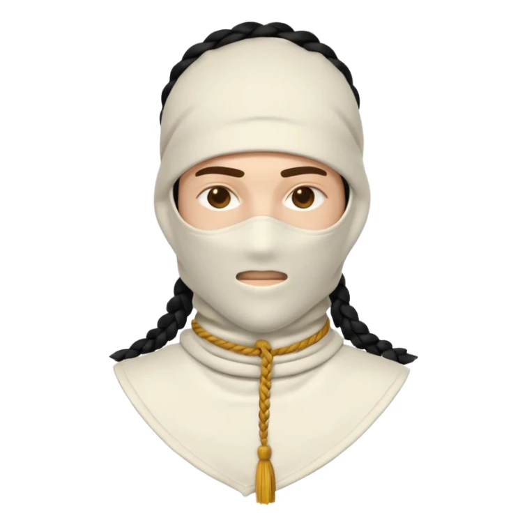 Ultra-detailed studio shot of a post-apocalyptic off-white balaclava — deconstructed, frayed, layered, with braided rope tassels and subtle embroidery. Minimalist white background, soft lighting, sharp focus. High-fashion streetwear aesthetic. sticker