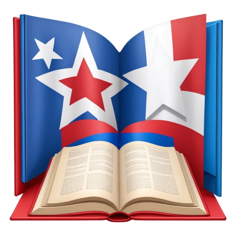 Open book about theatrical scenography with the Puerto Rican flag integrated into its pages, showing theater stage designs in red and blue colors with a white star sticker